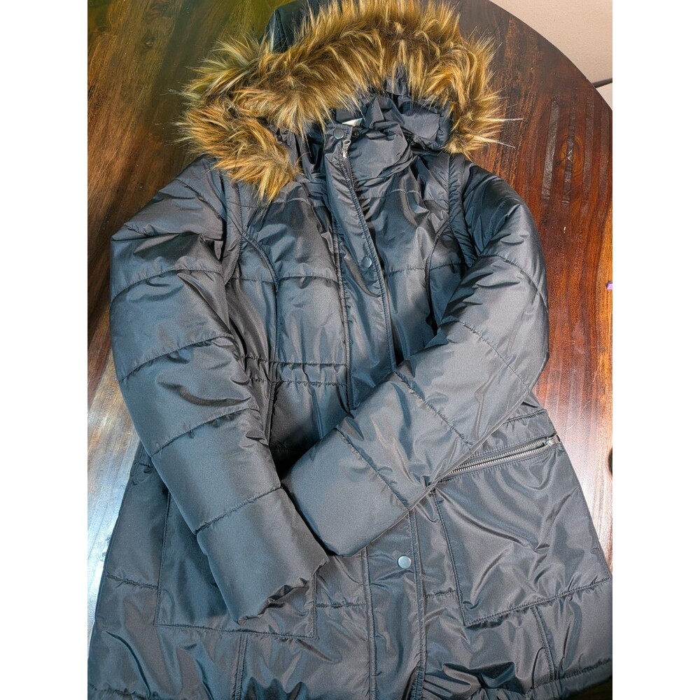 Kimi + Kai Black Maternity Down Puffer Jacket Faux Fur Hood Winter